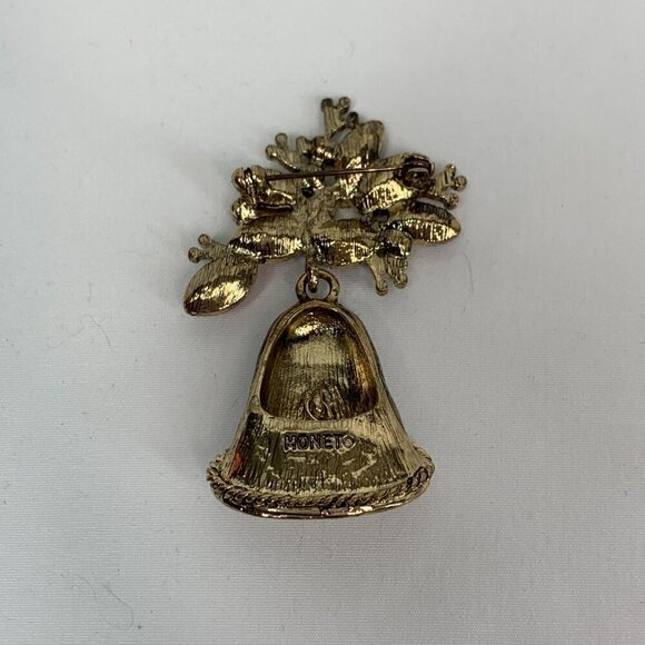 Monet 1990's Holiday Bell Bejeweled Christmas Brooch Pin Golf Tone Red Green 2" - Picture 3 of 6